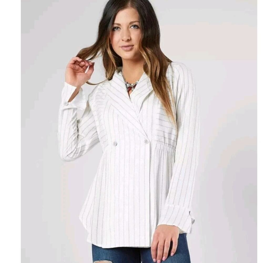 Gimmicks BKE Blouse Women's M Gray White Stripe Empire Waist Coastal Boho Grunge - Picture 3 of 12